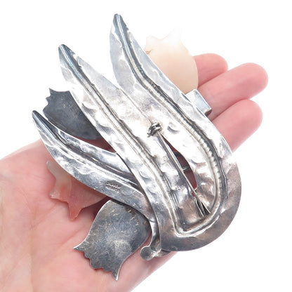 925 Sterling Silver Vintage Mexico Real Carved Agate Tulip Oxidized Pin Brooch