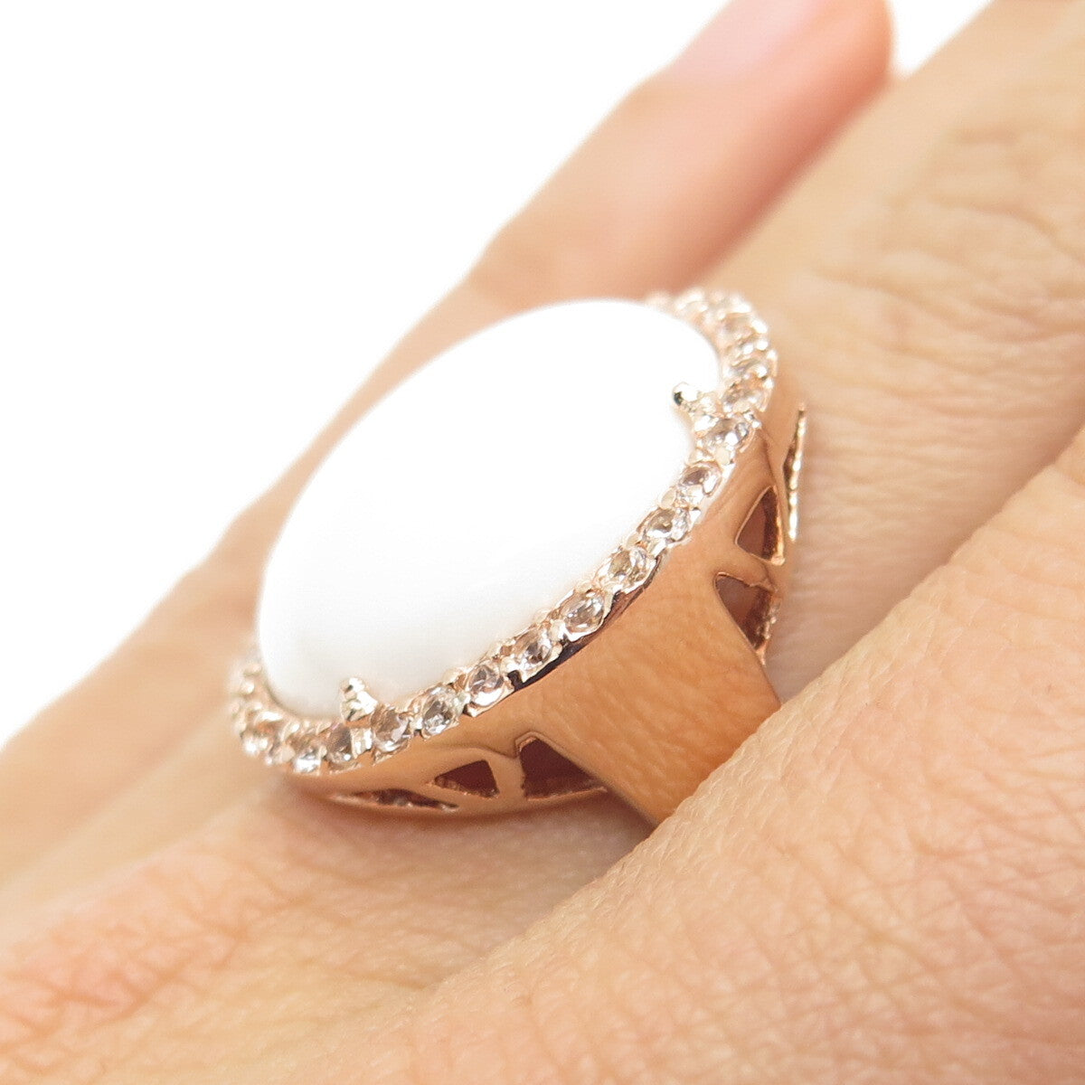 925 Sterling Silver Rose Gold Plated Real White Onyx & Topaz Ring Size 7.75