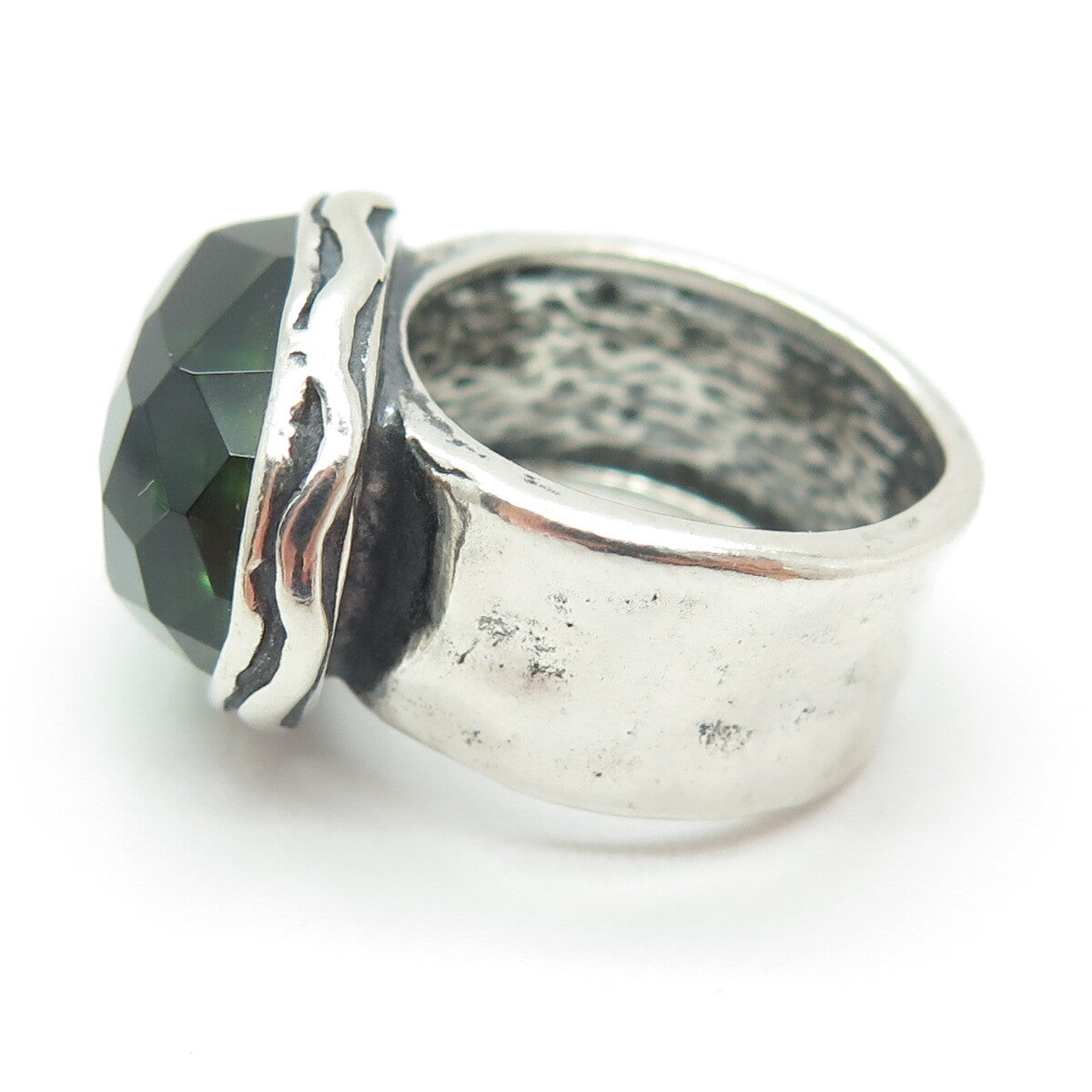 925 Sterling Silver Vintage Checkered Green Glass Dome Ring Size 6.25