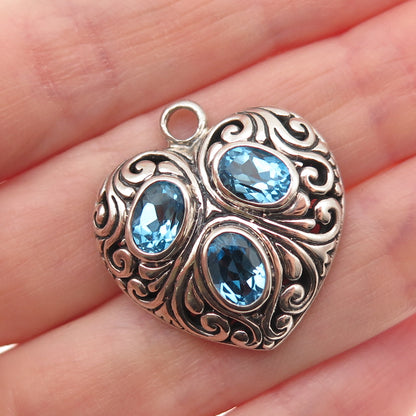 925 Sterling Silver Vintage Real Oval-Cut Blue Topaz Ornate Heart Charm Pendant