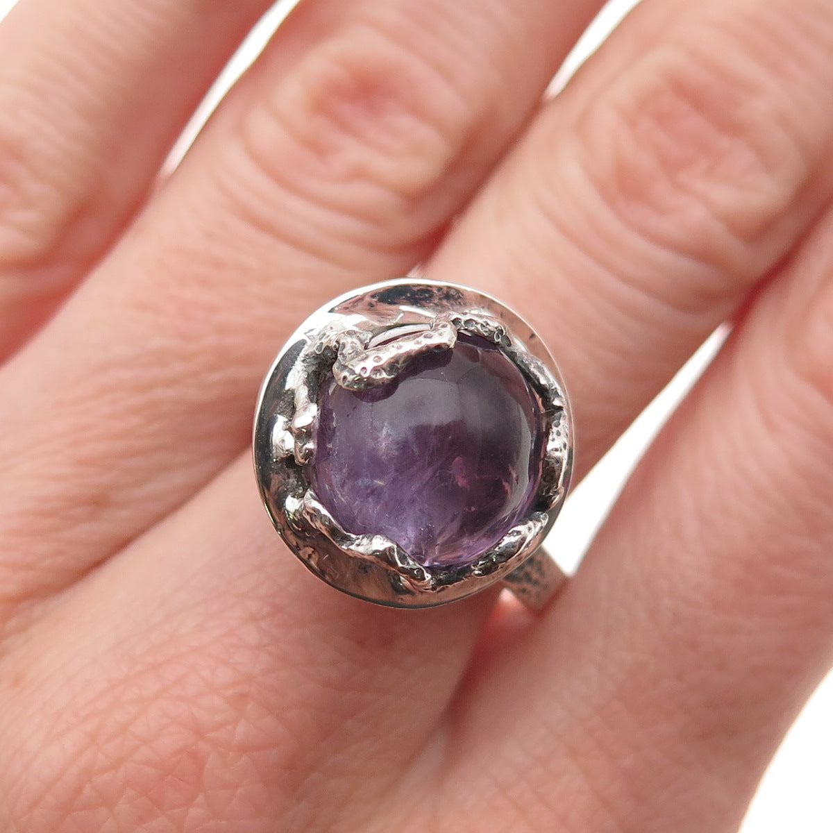 925 Sterling Silver Vintage Real Amethyst Modernist Oxidized Ring Size 9