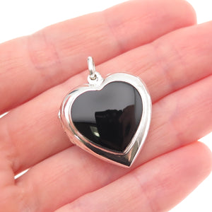 925 Sterling Silver Vintage Real Black Onyx Heart Locket Charm Pendant