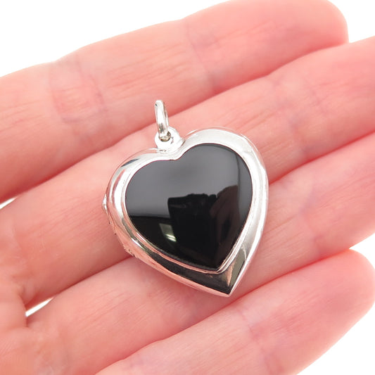 925 Sterling Silver Vintage Real Black Onyx Heart Locket Charm Pendant