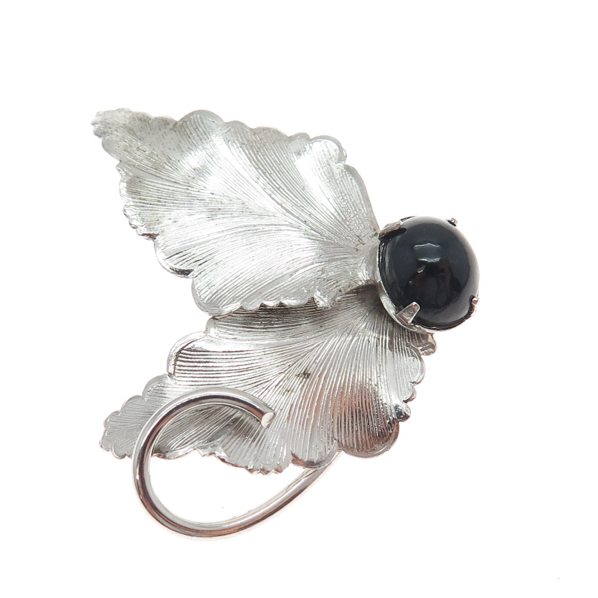 925 Sterling Silver Antique Art Deco Real Black Onyx Floral Leaf Pin Brooch