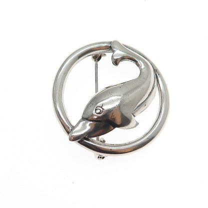 925 Sterling Silver Vintage Dolphin Oxidized Pin Brooch