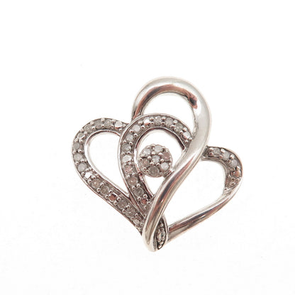 925 Sterling Silver Real Round-Cut Diamond Heart Couple Mini Slide Charm Pendant