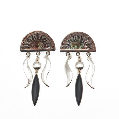 925 Sterling 2-Tone Vintage Real Black Onyx Sunrise Modernist Dangle Earrings