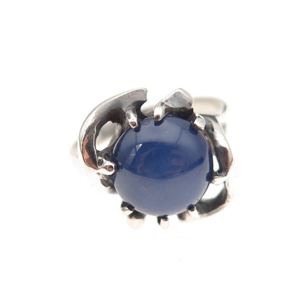 925 Sterling Silver Vintage Real Sapphire Modernist Oxidized Ring Size 7.25