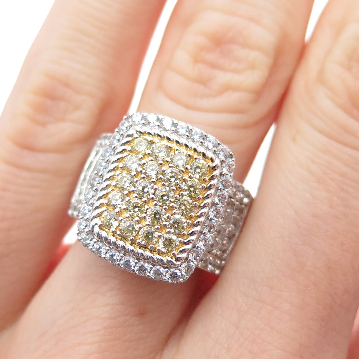 925 Sterling Silver 2-Tone Round-Cut Canary & White C Z Ring Size 7