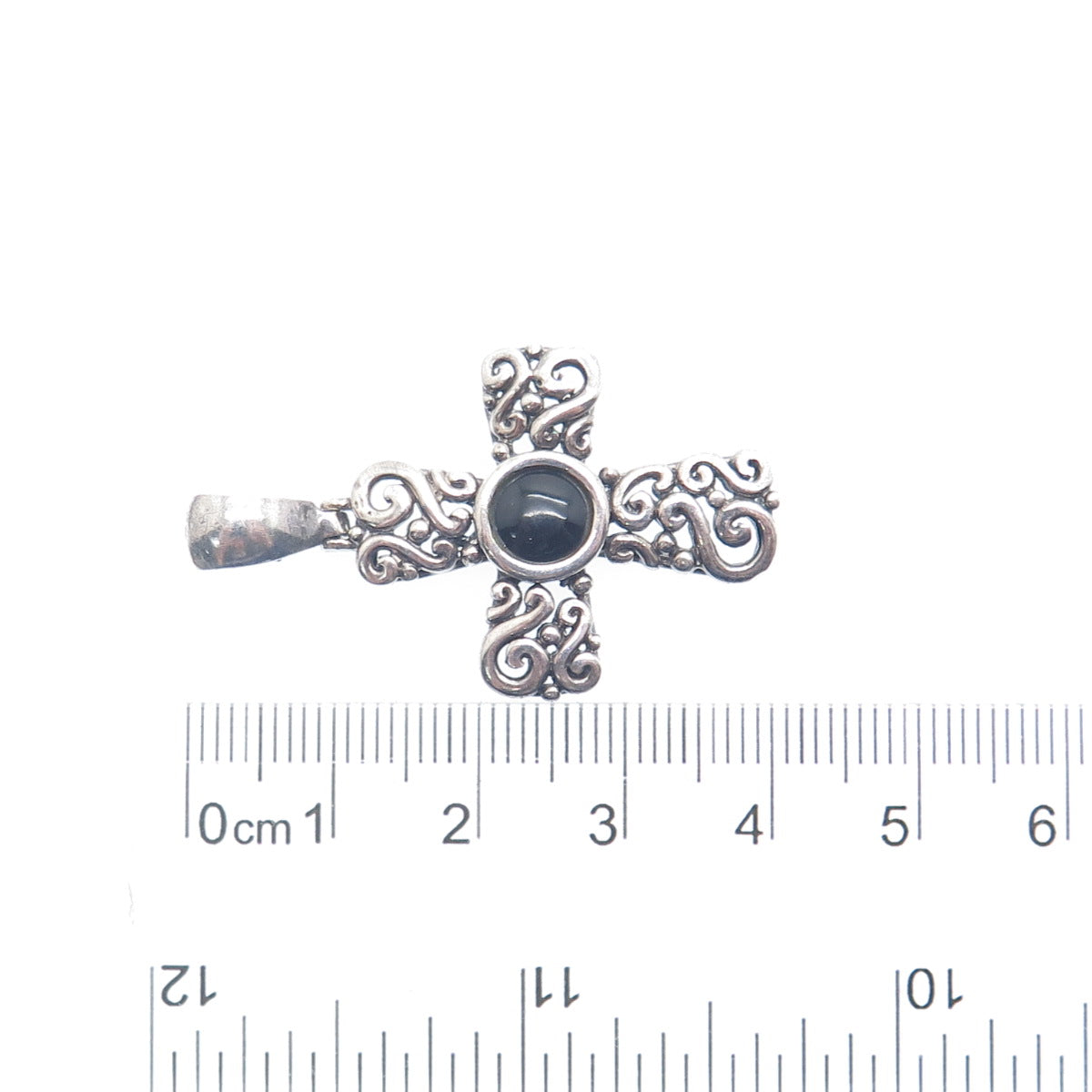 CFJ Collins Fine Jewelry Sterling Vintage Real Black Onyx Swirl Cross Pendant