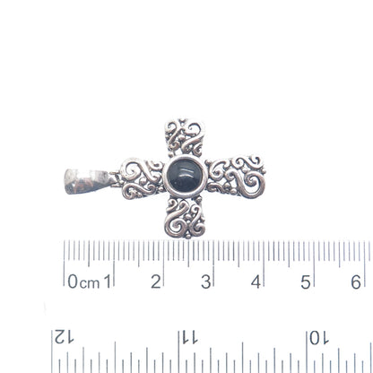 CFJ Collins Fine Jewelry Sterling Vintage Real Black Onyx Swirl Cross Pendant