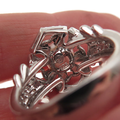 925 Sterling Silver Real Diamond & Pearl Floral Ring Size 10.25