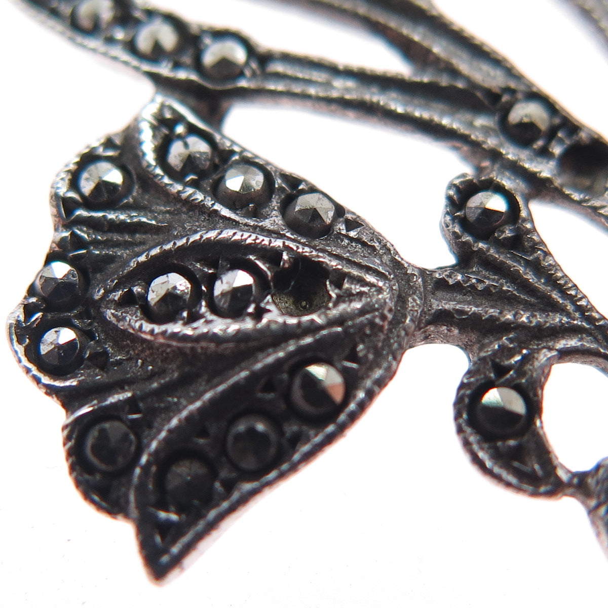 925 Sterling Silver Antique Real Marcasite Flower Pin Brooch (missing 2 stones)