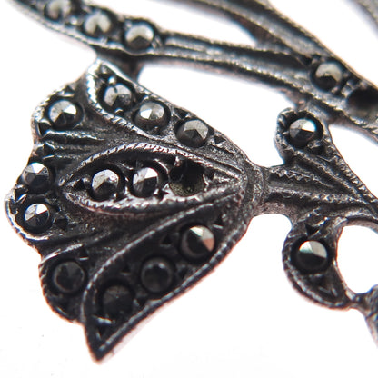 925 Sterling Silver Antique Real Marcasite Flower Pin Brooch (missing 2 stones)