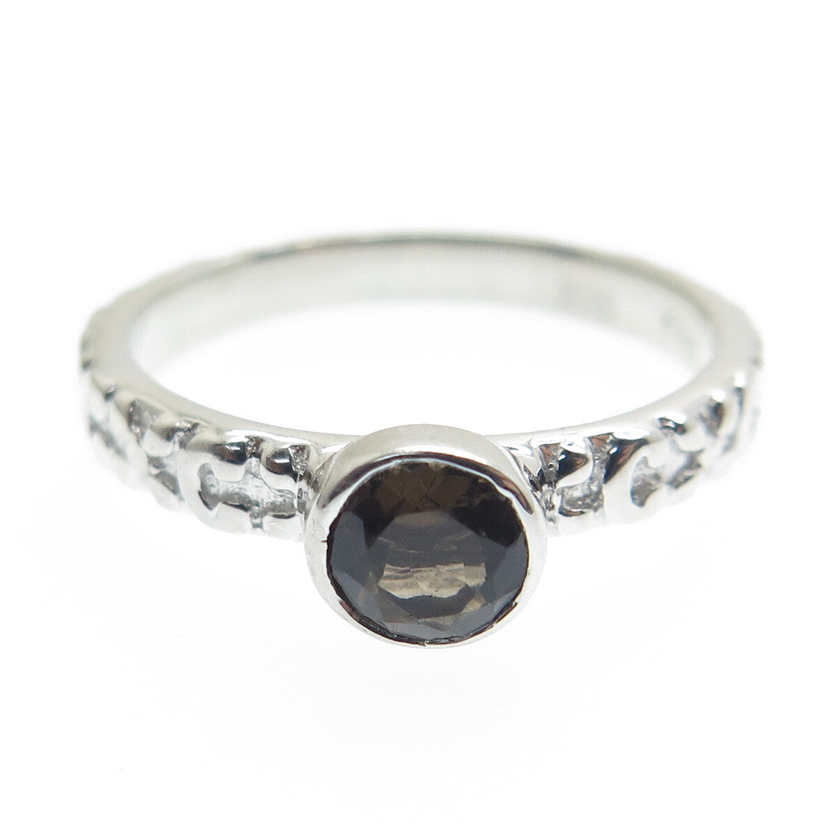 925 Sterling Silver Real Checkered Smoky Quartz Letter "C" Floral Ring Size 7.75