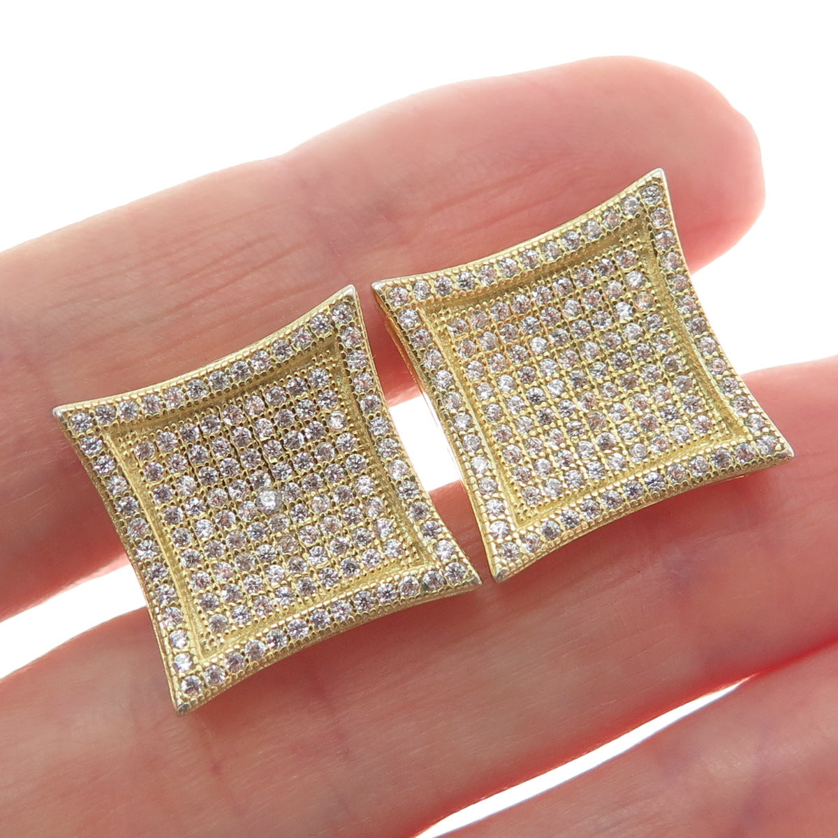925 Sterling Silver Gold Plated Round-Cut C Z Princess Square Stud Earrings
