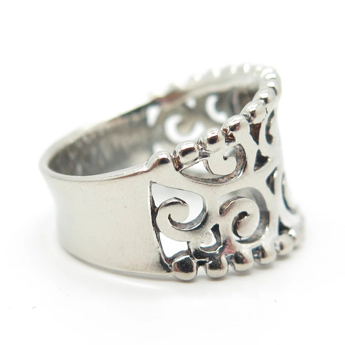 925 Sterling Silver Vintage Concaved Scroll & Beaded Ring Size 8