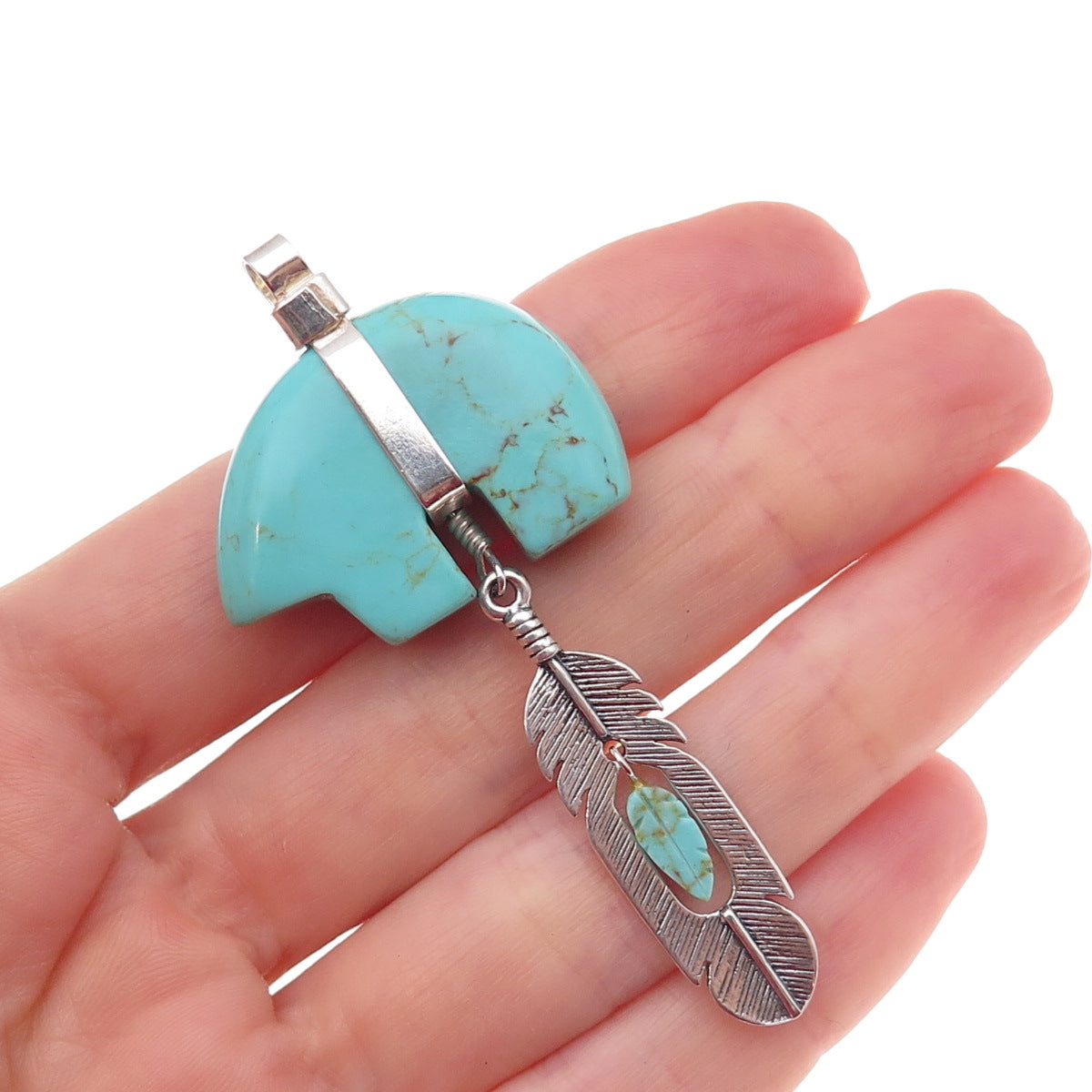 Sundancer Sterling Silver Vintage Southwestern Turquoise Bear & Feather Pendant