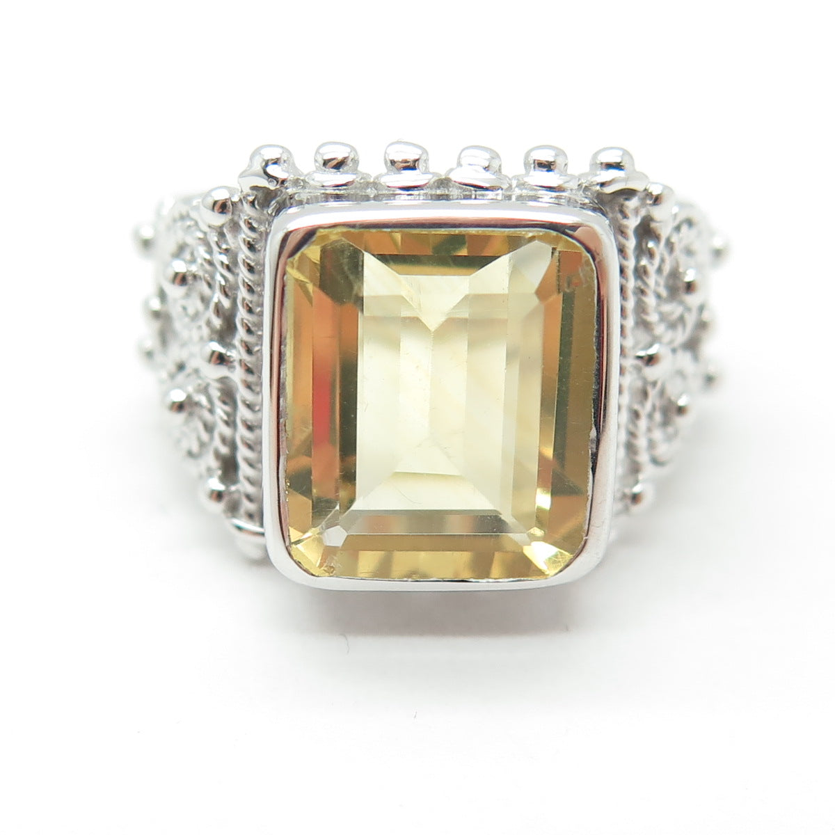 925 Sterling Silver Real Emerald-Cut Citrine Swirl Ring Size 6