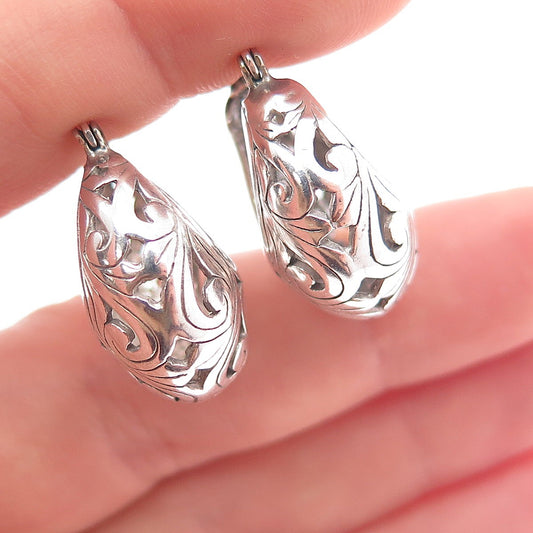 925 Sterling Silver Vintage Ornate Floral Hoop Earrings