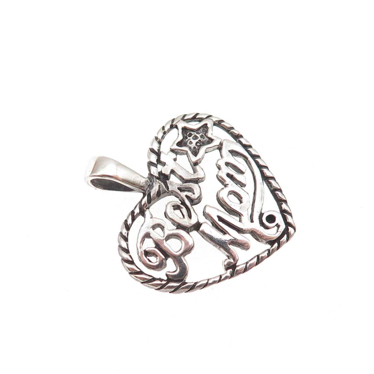 925 Sterling Silver Vintage Best Mom Heart Oxidized Charm Pendant