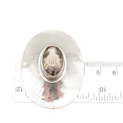 925 Sterling Silver Vintage Real Smoky Quartz Modernist Pin Brooch / Pendant