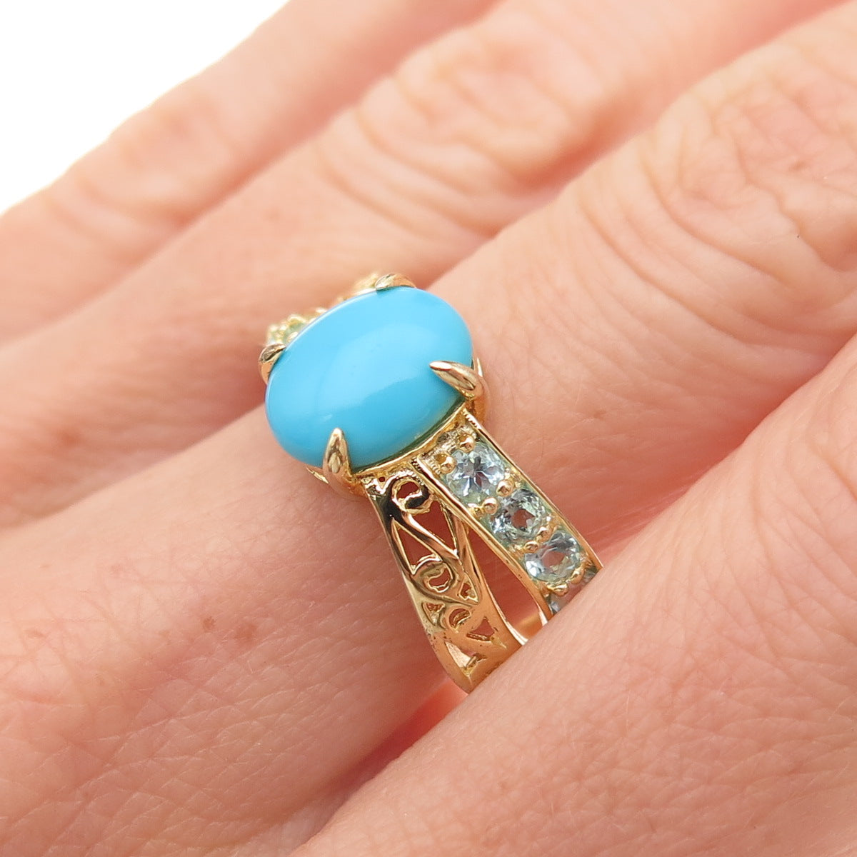 925 Sterling Gold Plated Sleeping Beauty Turquoise & Blue Topaz Ring Size 8.25