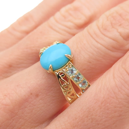 925 Sterling Gold Plated Sleeping Beauty Turquoise & Blue Topaz Ring Size 8.25