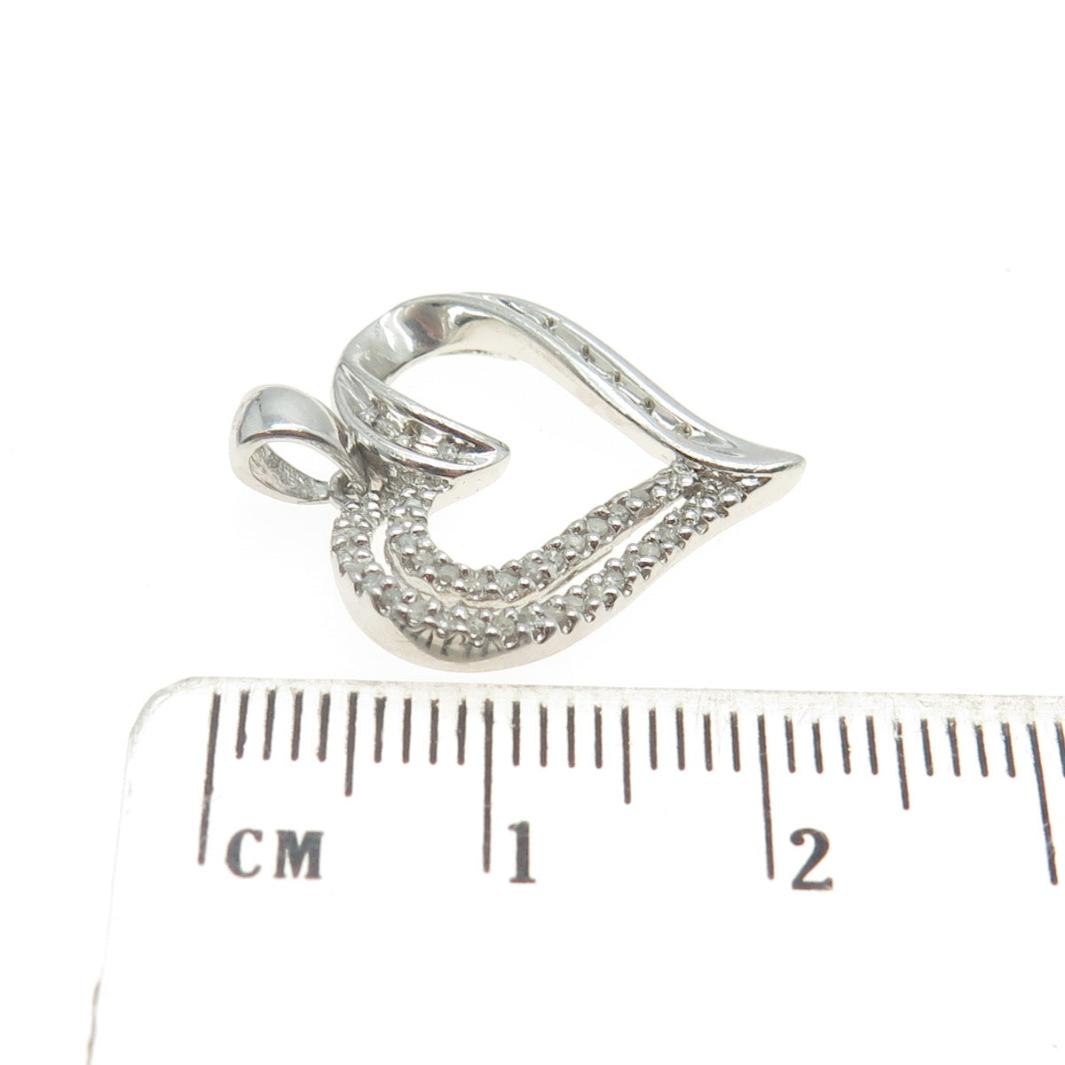 SUN 925 Sterling Silver Real Round-Cut Diamond Open Heart Pendant