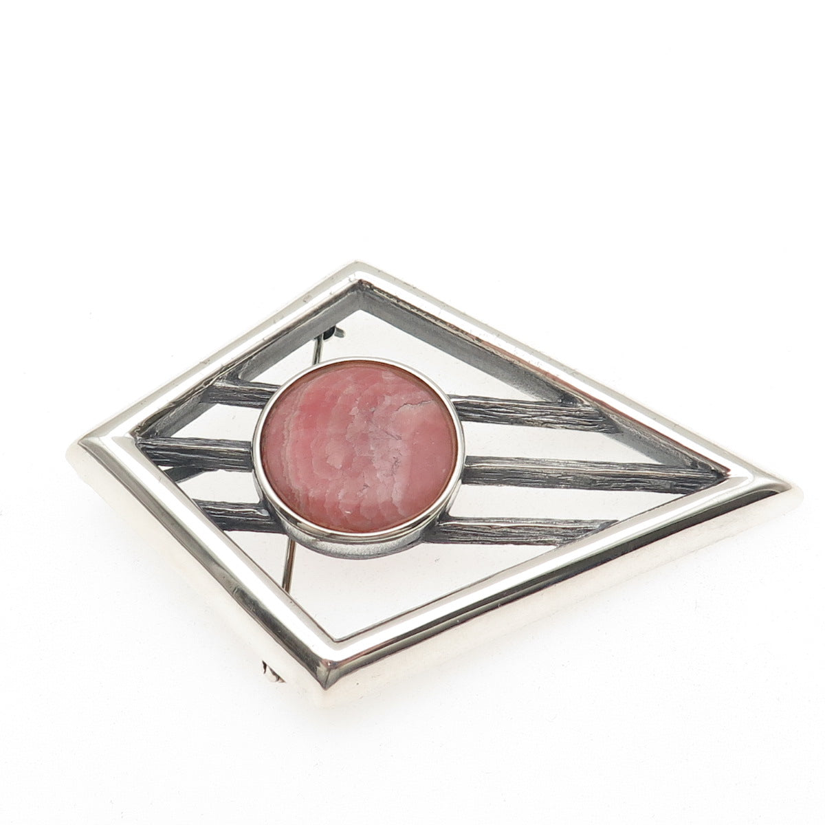 925 Sterling Silver Vintage Real Rhodochrosite Modernist Pin Brooch / Pendant