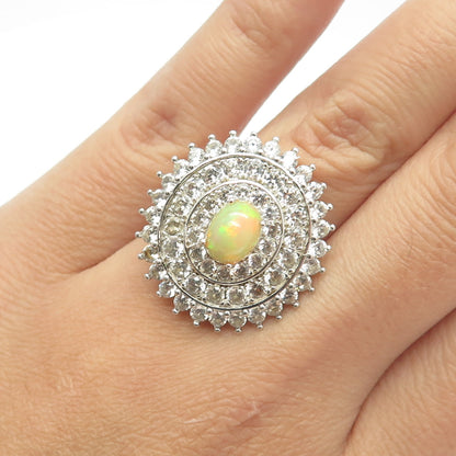 925 Sterling Silver Real Opal & White Topaz Statement Cluster Ring Size 7