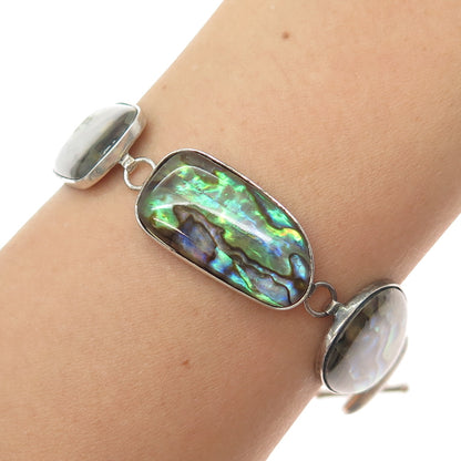 925 Sterling Silver Vintage Real Abalone Shell Modernist Bracelet 6.5-7.5"