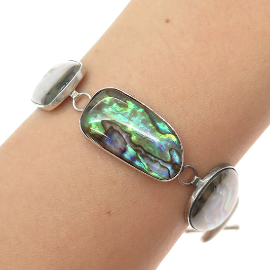 925 Sterling Silver Vintage Real Abalone Shell Modernist Bracelet 6.5-7.5"