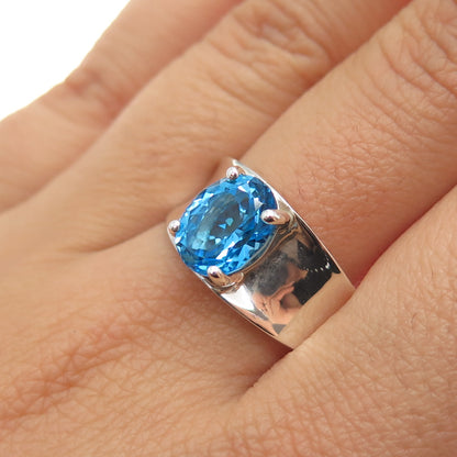 925 Sterling Silver Vintage Real Oval-Cut Swiss Blue Topaz Modernist Ring Size 9