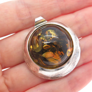 925 Sterling Silver Vintage Real Amber Modernist Oxidized Charm Pendant