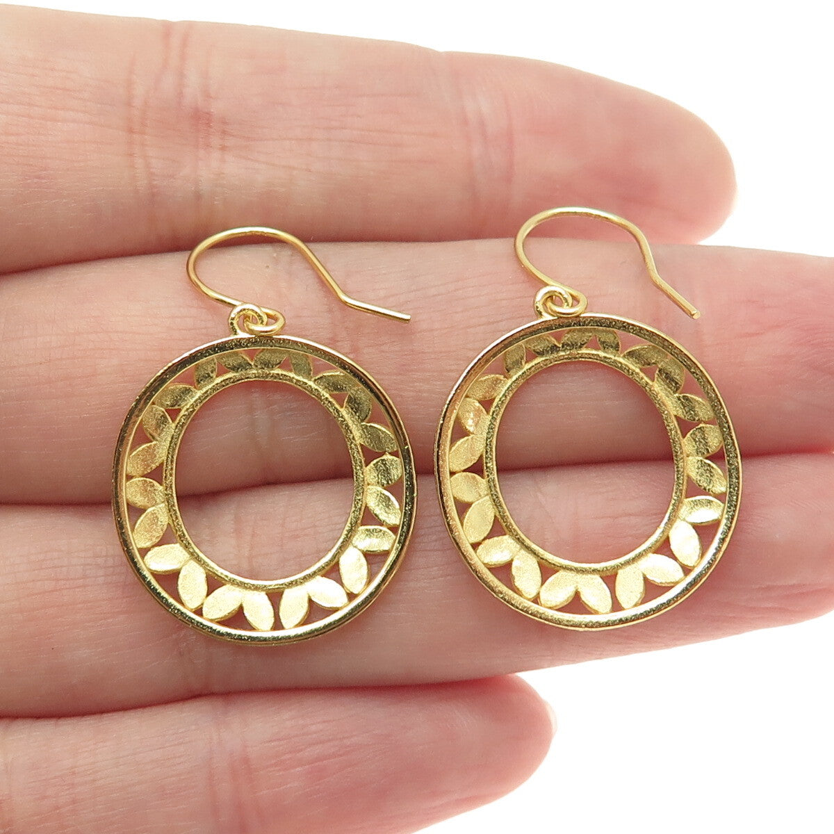 925 Sterling Silver Gold Plated Diamond-Cut Floral Leaf Dangle Earrings