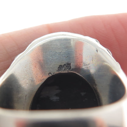 925 Sterling Silver Vintage Snowflake Obsidian Circle Link Oxidized Ring Size 9