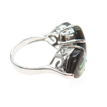 925 Sterling Silver Vintage Real Abalone Shell Modernist Ring Size 5.25