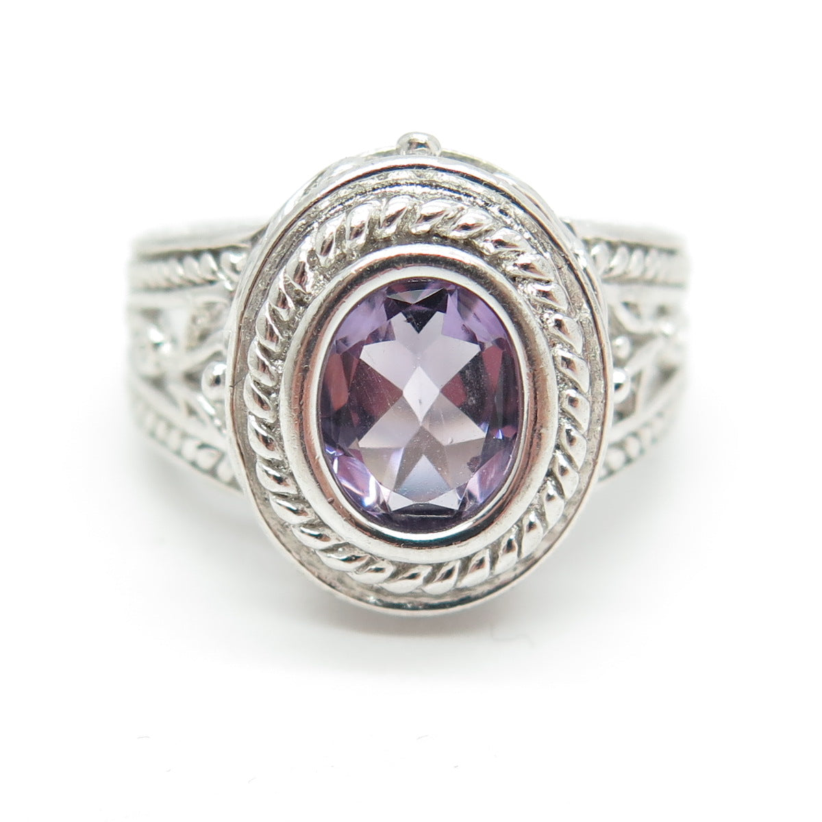 925 Sterling Silver Real Oval-Cut Amethyst Ornate Ring Size 6.25