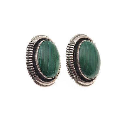 Leslie Yazzie Navajo Old Pawn 925 Sterling Silver Vintage Malachite Earrings