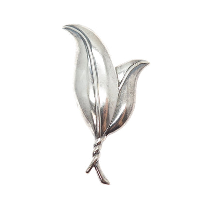 925 Sterling Silver Vintage Modernist Floral Leaf Oxidized Pin Brooch