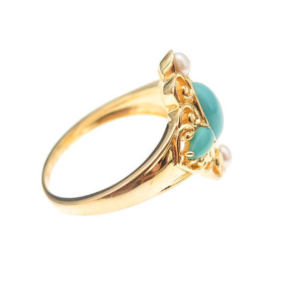925 Sterling Silver Gold Plated Real Turquoise & Pearl Floral Ring Size 10