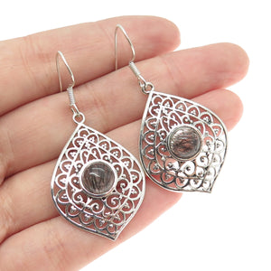 925 Sterling Silver Vintage Real Rutilated Quartz Floral Ornate Dangle Earrings