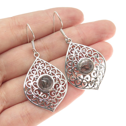 925 Sterling Silver Vintage Real Rutilated Quartz Floral Ornate Dangle Earrings