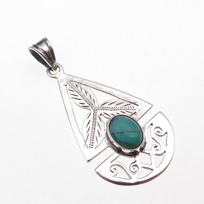 925 Sterling Silver Vintage Real Turquoise Floral Teardrop Charm Pendant