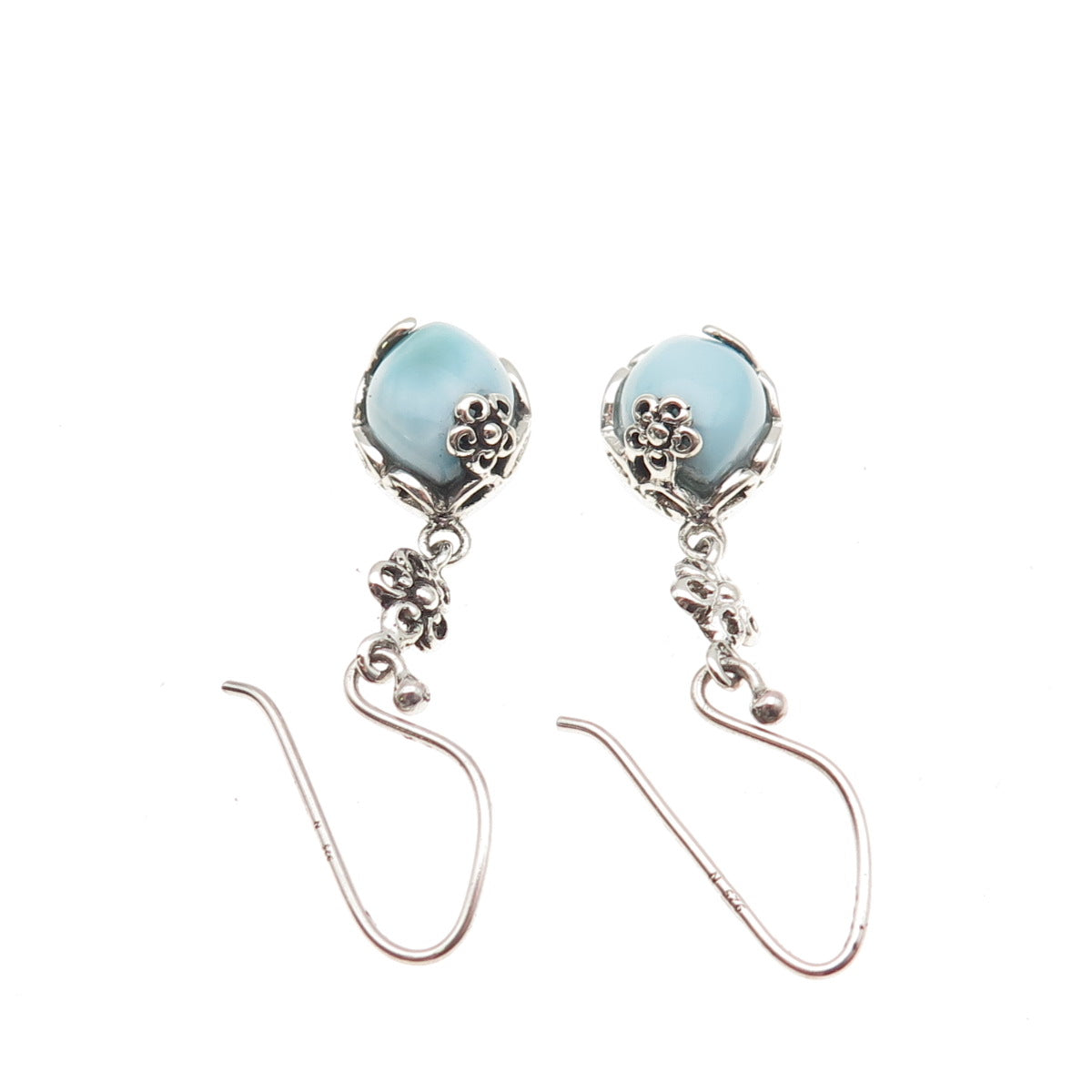 925 Sterling Silver Vintage Real Larimar Floral Dangle Earrings
