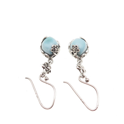 925 Sterling Silver Vintage Real Larimar Floral Dangle Earrings