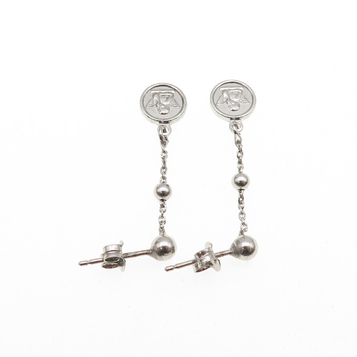 925 Sterling Silver Cherub Drop Chain Dangle Earrings
