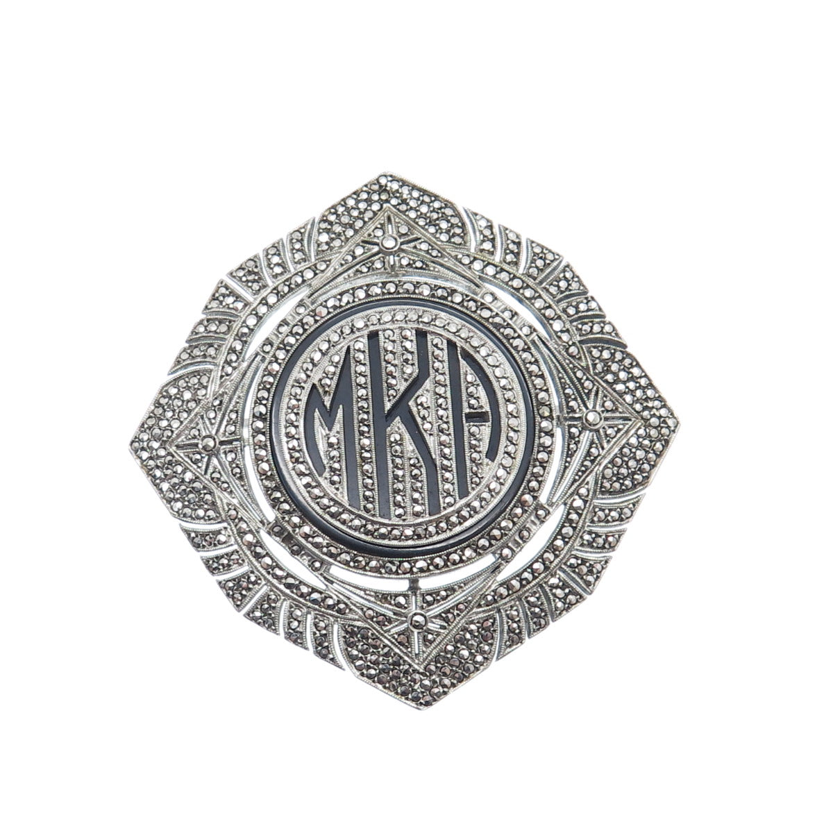 925 Sterling Silver Antique Real Black Onyx & Marcasite MKA Monogram Pin Brooch