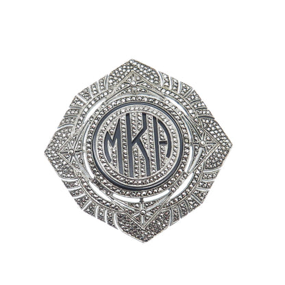 925 Sterling Silver Antique Real Black Onyx & Marcasite MKA Monogram Pin Brooch